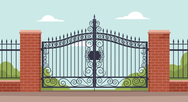Grand ornate black iron gates set in a red brick wall leading to a private garden or prestigious estate in a suburban landscape.