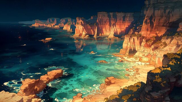 Stunning Coastal Landscape With Rugged Cliffs Illuminated by Twilight and Reflecting Warm Hues on Tranquil Waters