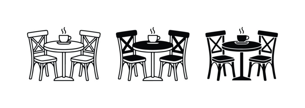 Cafe Table and Chairs Set Vector Icons, Coffee Break Scene, Bistro Furniture Collection