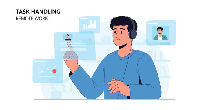Man working remotely, managing tasks on futuristic interface