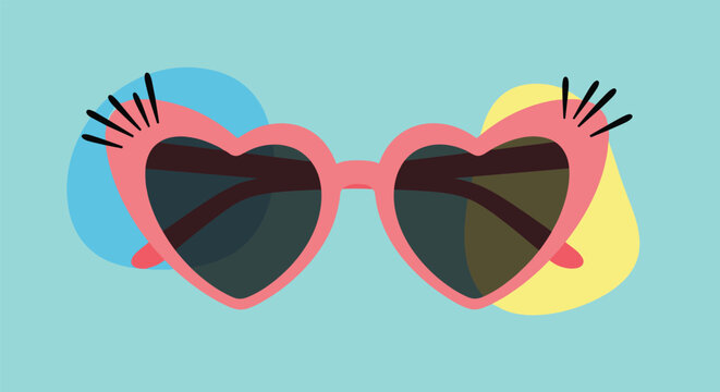 Fun and stylish pink heart-shaped sunglasses with eyelash decorations set against a light blue background with abstract blobs.