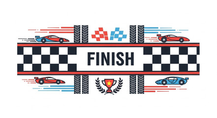 Racing Cars Crossing Finish Line with Trophy and Checkered Flag. © Men