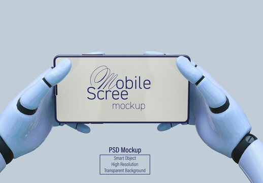 Robot Hands Holding Smartphone Mockup with Transparent Background