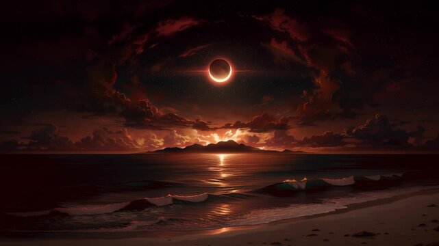 Breathtaking View of a Partial Solar Eclipse Over an Ocean Horizon with Shimmering Light Reflected on the Water's Surface During Twilight