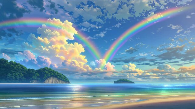 Serene Beach Scene With Vibrant Rainbows Arching Over Tranquil Sea Reflecting Soft Pastel Colors Under Bright Sky