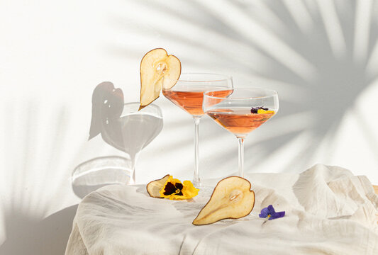 Wine summer cocktails and dried fruit appetizers. Tropical light
