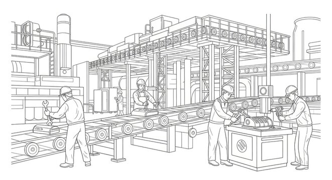 Factory workers in a industrial environment with machinery and assembly line