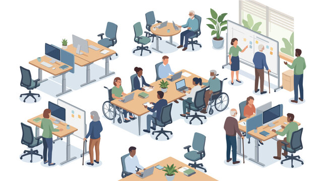 Diverse isometric office workers collaborating in an inclusive modern workspace.