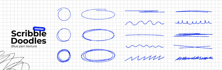 Scribble doodle set on notebook paper. Hand drawn blue pen texture elements. Round and oval bubbles to highlight text. Circle marker outline shapes. Thin rough line. Vector illustration © accogliente