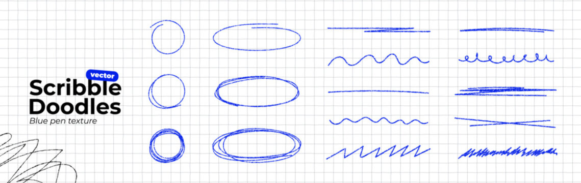 Scribble doodle set on notebook paper. Hand drawn blue pen texture elements. Round and oval bubbles to highlight text. Circle marker outline shapes. Thin rough line. Vector illustration