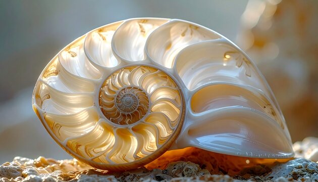 Nautilus shell cross section showing golden spiral pattern on sand