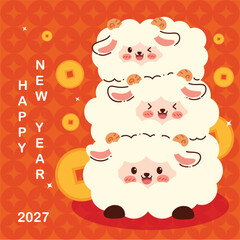 Cute Chinese New Year 2027 Year of the Goat greeting card vector. Design for Lunar New Year poster, festive banner, holiday invitation, zodiac celebration and red gold background. © TWINS DESIGN STUDIO