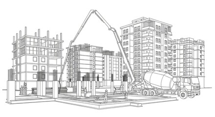 Fototapeta premium Construction site illustration concrete pump truck pouring cement at site