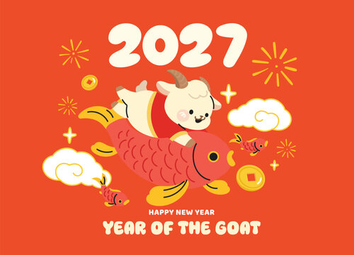 Cute Chinese New Year 2027 Year of the Goat greeting card vector. Design for Lunar New Year poster, festive banner, holiday invitation, zodiac celebration and red gold background.