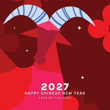 Cute Chinese New Year 2027 Year of the Goat greeting card vector. Design for Lunar New Year poster, festive banner, holiday invitation, zodiac celebration and red gold background.