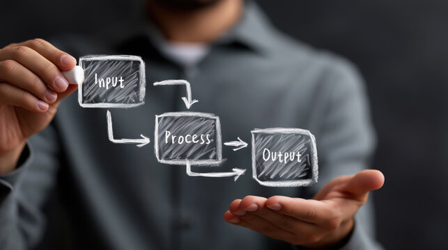 Confident businessman holding business process workflow concept diagram showing input and output steps for corporate strategy