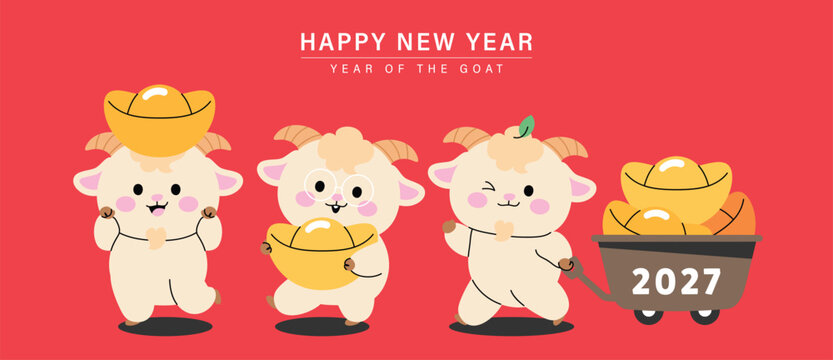 Cute Chinese New Year 2027 Year of the Goat greeting card vector. Design for Lunar New Year poster, festive banner, holiday invitation, zodiac celebration and red gold background.
