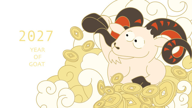 Cute Chinese New Year 2027 Year of the Goat greeting card vector. Design for Lunar New Year poster, festive banner, holiday invitation, zodiac celebration and red gold background.