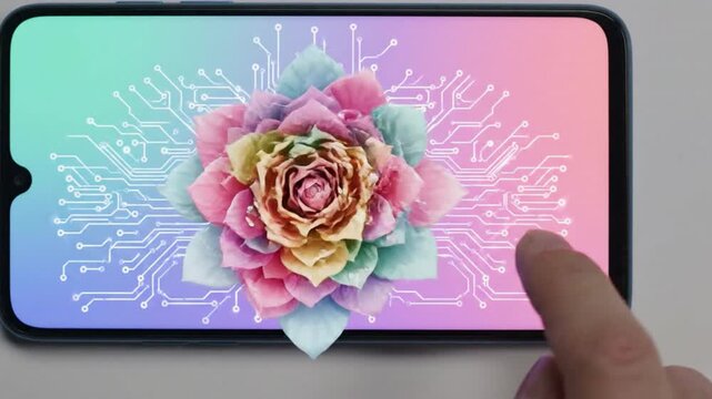 Soft pastel smartphone touchscreen with floral graphic and circuit pattern fingertip pressing and scanning glowing fingerprint icon for biometric security, creative technology innovation