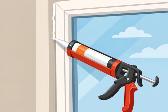 Handyman using a caulking gun to apply sealant along a window frame edge, ensuring insulation and weatherproofing during home improvement and renovation work
