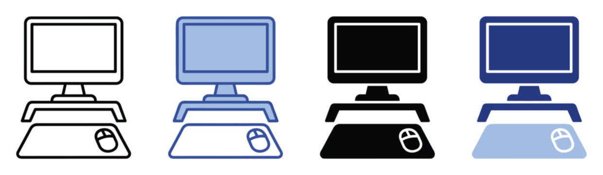 Modern desktop computer monitor and mouse peripheral device icon set for technology interfaces