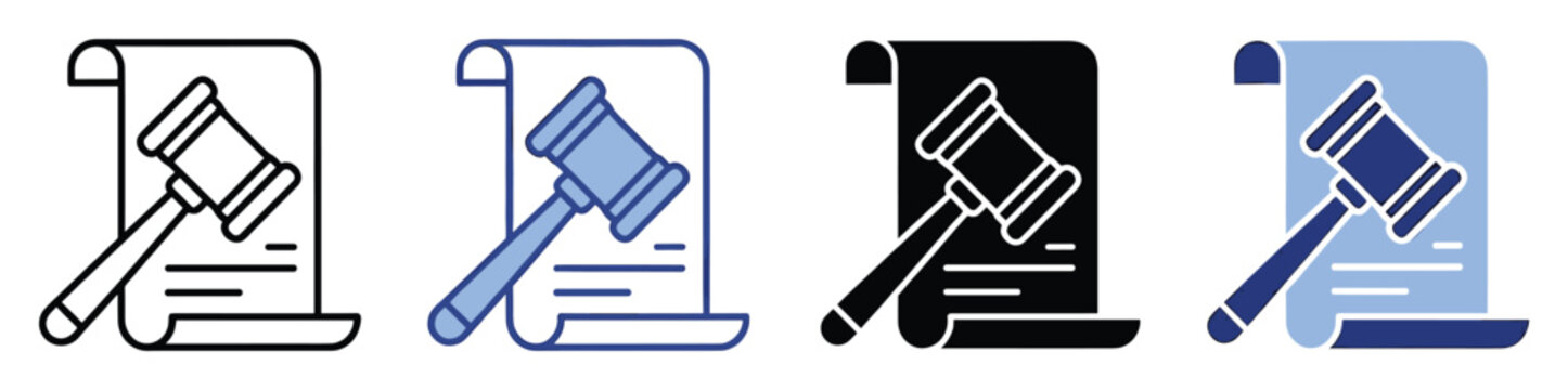 Legal document and judge gavel icon set representing justice, law, and court decisions for commercial applications