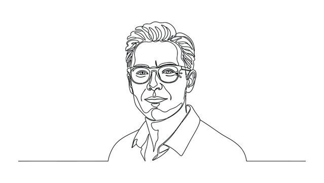 Minimalist continuous line art portrait of a professional man with glasses.