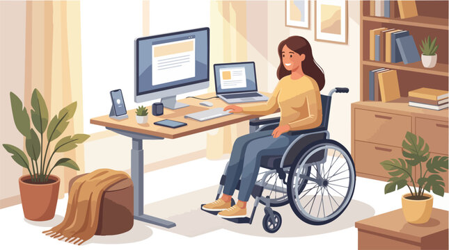 Young woman in a wheelchair working at her desk in a bright home office.