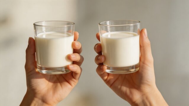A close-up shot of two hands holding glasses of cow milk in a bright and clean environment, emphasizing a healthy and refreshing beverage choice.