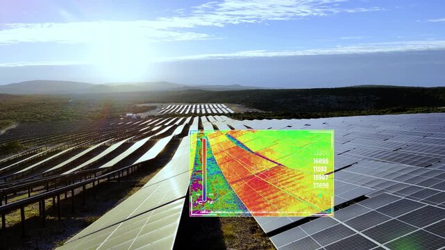 Aerial drone inspection of solar panel field with thermal infrared camera detecting faults and performance issues in renewable energy system