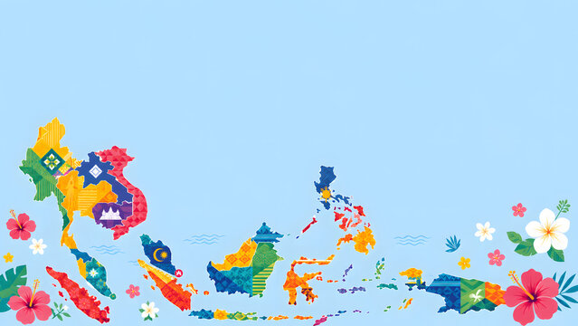 ASEAN Day Celebration: Colorful Geometric SE Asia Map with Tropical Flowers