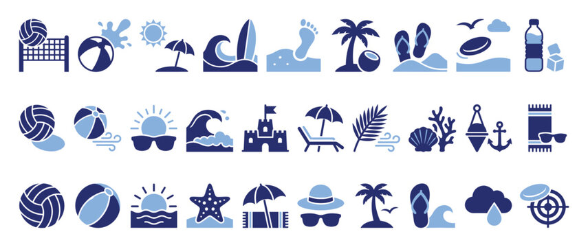 Summer beach vacation travel recreation icon collection for holiday tourism website app designs