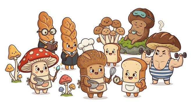 Cute bread Cartoon Character Collection Vector Illustration