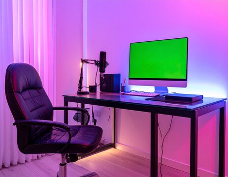 Modern home office or gaming setup with a desk, ergonomic chair, green screen monitor, microphone, and vibrant purple and pink LED ambient lighting.