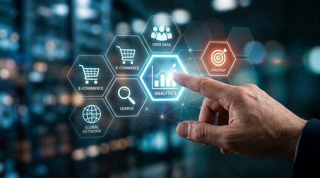 Digital Marketing Strategy driving Business Growth through E-commerce Analytics. Hand Interacting with Modern Digital Interface for Global Strategic Planning and Data-Driven Innovation.