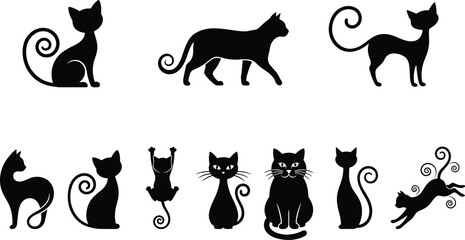 Cat silhouette collection featuring playful and decorative feline poses isolated on light background for creative design and decoration © Md