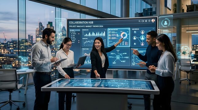 Business team collaborating on data visualization at digital conference room