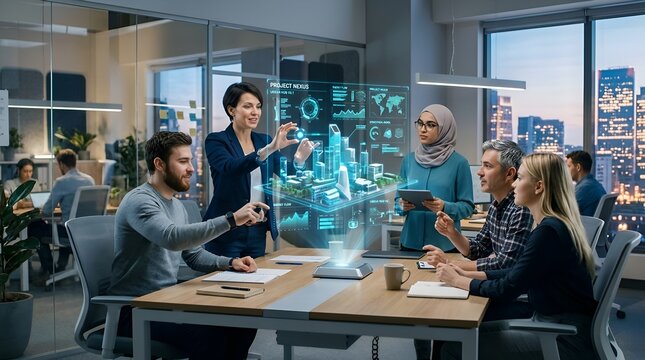 Business team collaborating with holographic city model projection in office