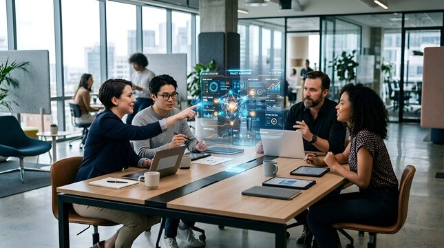Business Team Collaborating With Digital Hologram Display