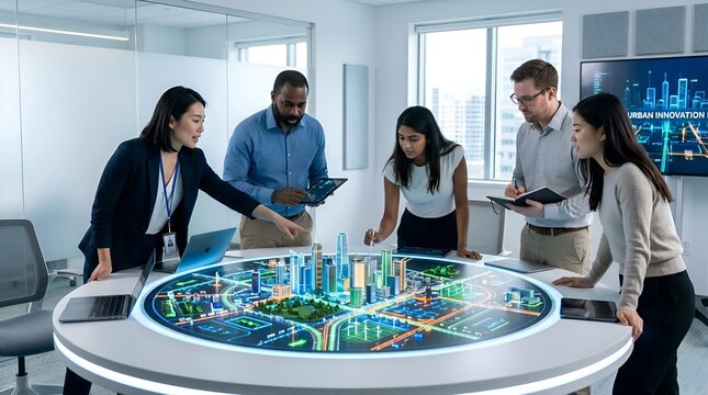 Business team reviewing smart city model in innovative office.