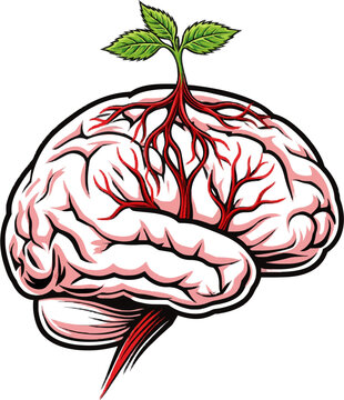 A minimalist brain silhouette with a seedling growing from its top, symbolizing mental health growth amidst challenges