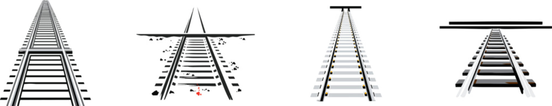 A minimalist vector illustration of two parallel train tracks converging into a thick horizontal T-shaped bar, rendered in slate gray, rusty brown, and white on a high-resolution flat 2D design with