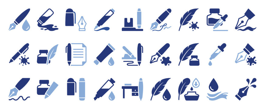 Two tone writing icons with pens, ink, and feathers for graphic design and content needs