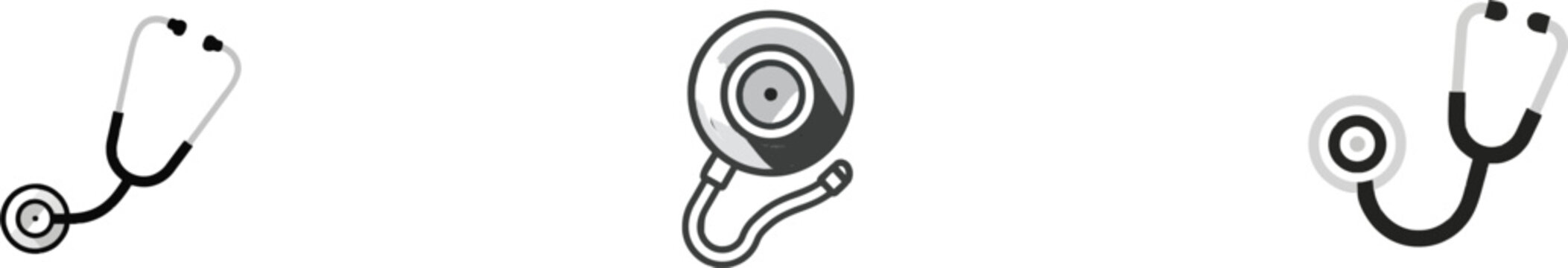 A minimalist icon of a stethoscope with concentric circles in silver gray and charcoal, isolated on white, embodies the essence of medical diagnostics through its clean design