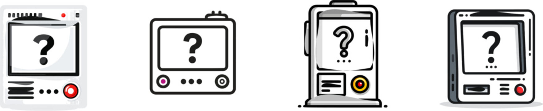 A minimalist ticket vending machine screen displays a large question mark with three dots above it in a flat 2D design style