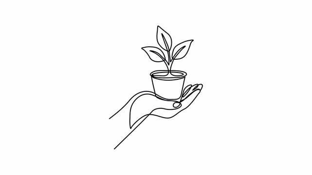 Minimalist one line animation of a hand gently holding a potted plant, symbolizing care, nurturing, and growth. Clean, flowing lines evoke a sense of calm and connection to nature.