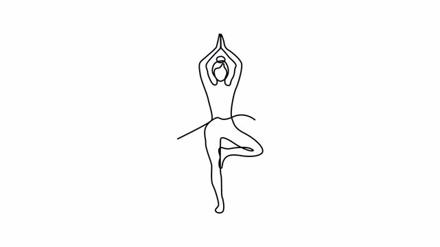 Elegant single line drawing of a figure in a tree yoga pose, representing balance, mindfulness, and wellness. Smooth flowing lines on a clean white canvas.