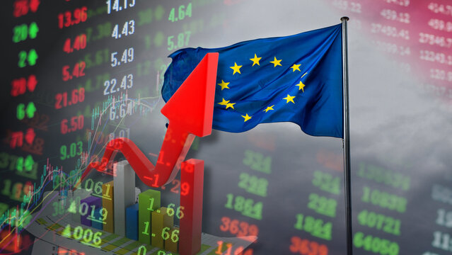 European capital markets are experiencing powerful development and expansion. The European Union flag waving against a backdrop of rising financial stock tickers captures the booming growth