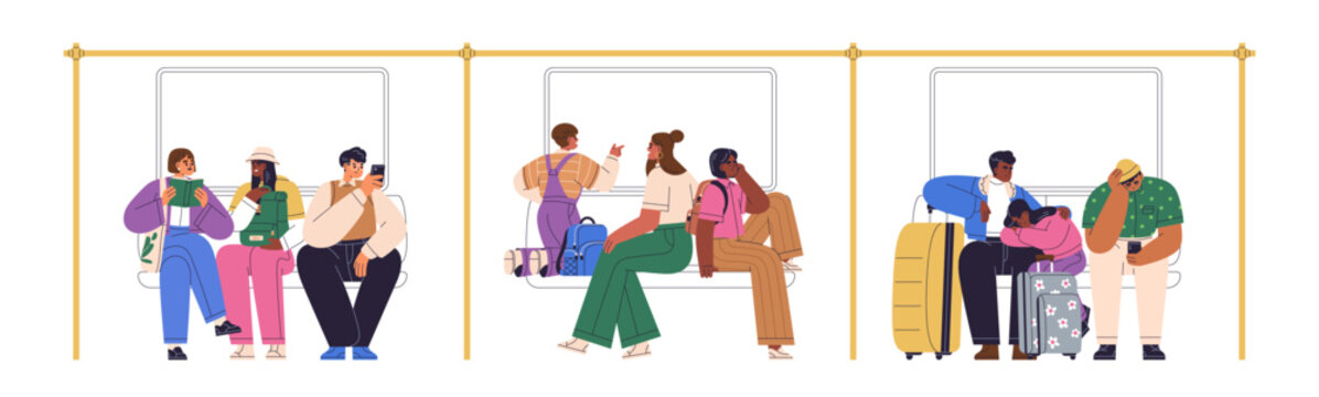 People sitting in public transport. Passengers inside subway train car. Commuters on seats, talking, reading book and phone, travel by metro. Flat vector illustration isolated on white background