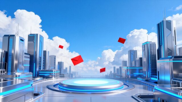 Futuristic cityscape with flying envelopes